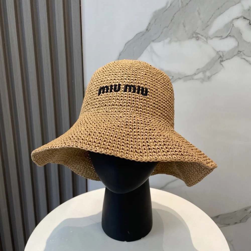 Miu Miu Beige Woven Straw Bucket Sun Hat